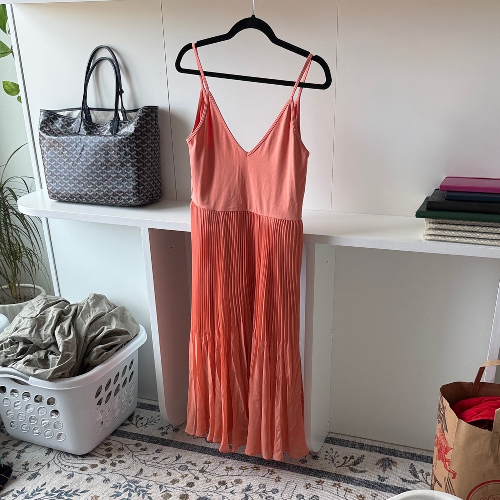Aritzia Coral Pleated Midi Slip Dress with V-Neck